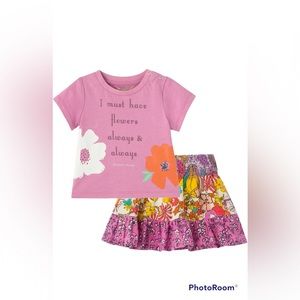 Peek Essentials Baby Girl’s Graphic Tee and Skirt Set in Pink Flowers| 6-12M
